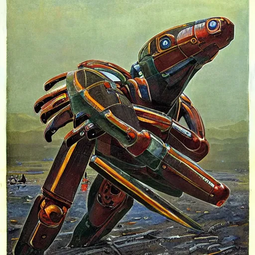 Prompt: platypus combat mecha eith razor talons in the style of vasily vereshchagin and evangelion