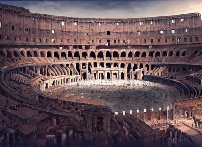 Prompt: Colosseum interior in the 100AD with two fighters in the middle and crowds cheering in kindah,digital art,realistic,detailed,art by greg rutkowski