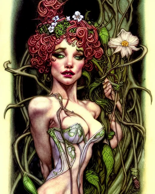 Prompt: burlesque elf, flowers in hair, fantasy character portrait, ultra realistic, concept art, intricate details, art nouveau, cinematic, highly detailed by boris vallejo, chris achilleos, arthur rackham