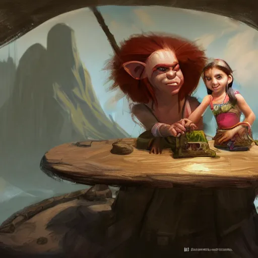 Image similar to an illustration shows a table with a little girl next to a troll holding onto the, concept art by slawomir maniak, trending on artstation, fantasy art, fantasy art