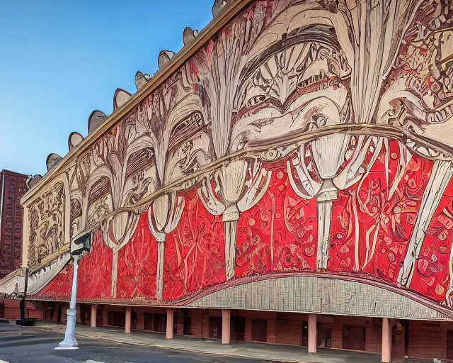 Image similar to photo of an outdoor mural of an opera house from the early 1 9 0 0 s in the style of art nouveau, red curtains, art nouveau design elements, art nouveau ornament, opera house architectural elements, painted on a brick wall, outdoor mural, mucha