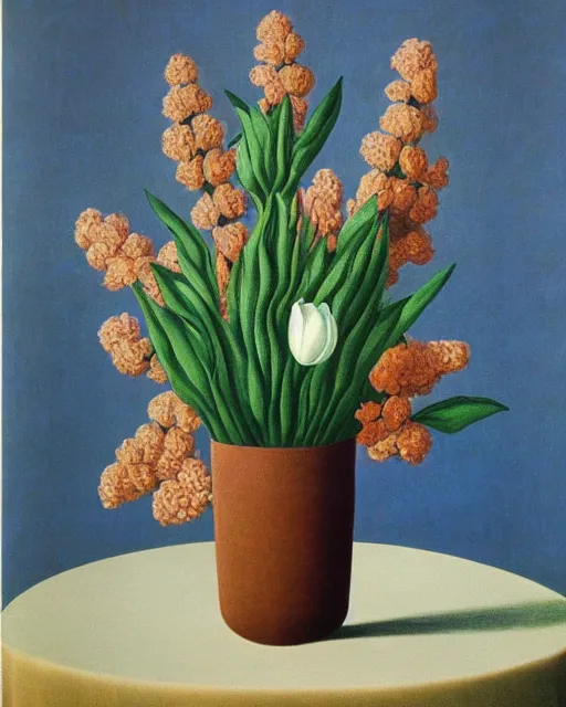 Prompt: a vase of flowers by rene magritte, rene magritte, and rene magritte