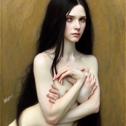 Image similar to Portrait of a beautiful, pale skin, female with long black hair, dark, piercing eyes, gentle expression, elegant clothing, photorealistic, highly detailed, artstation, smooth, sharp focus, art by Klimt, artgerm, Greg Rutkowski and Alphonse Mucha