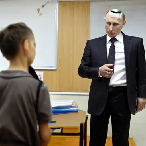 Image similar to a still of vladimir putin being scolded by a teacher at school