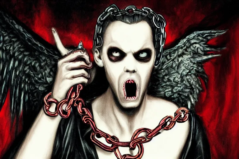 Image similar to lucifer, dark angel, hybrid human with snake, red eyes, chain, handcuffs, large chain, wide open mouth, scream, cruelty, sea bottom, light effect, hyper detailed