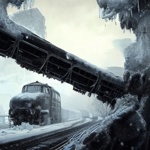 Image similar to an intricate futuristic black steam train and a giant mammoth, post - apocalyptic ice landscape in snowstorm, concept art, artstation, highly detailed, digital art