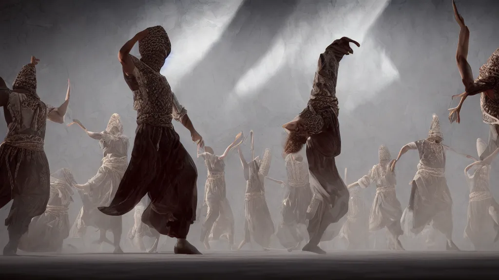 Image similar to tyrkisk sufi dance, sufi, arabic words, bysintine, gothic, 4 k, smokey, michael whelan, peter mohrbache, giovanni paolo panini style epic, volumetric light, insanely detailed, unreal engine render, artstation trends, hyper detail, epic art style, cinematic, concept art, soft white gold lights