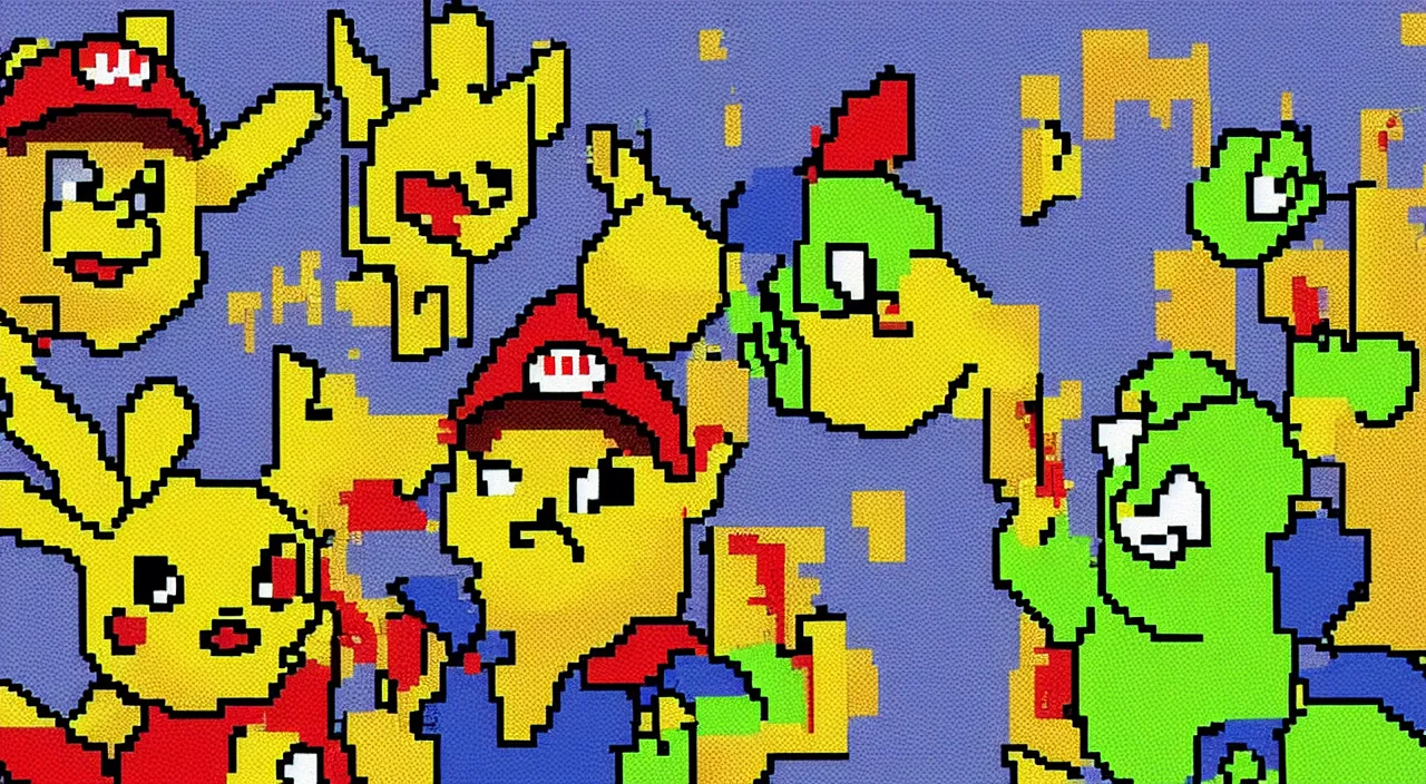 Image similar to pixel art, dithered professional artwork, fanart mashup, Pikachu and Mario and Shrek, Mario and Pikachu are staring confused at Shrek, High Resolution Pixel Artwork, trending, very very cute and detailed