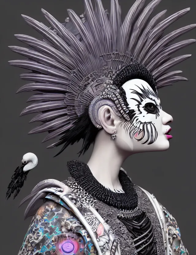 Image similar to 3 d goddess close - up profile simple portrait punk with mohawk with ram skull. beautiful intricately detailed japanese crow kitsune mask and clasical japanese kimono. betta fish, jellyfish phoenix, bio luminescent, plasma, ice, water, wind, creature, artwork by tooth wu and wlop and beeple and greg rutkowski