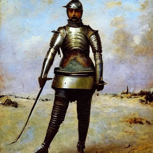 Prompt: heroine in full plate armour by alfred stevens