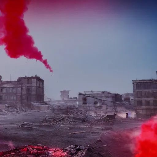 Prompt: politics, destroyed landscape and buildings, dystopian, war, real, red and bright blue smoke, highly detailed 8k, documentary