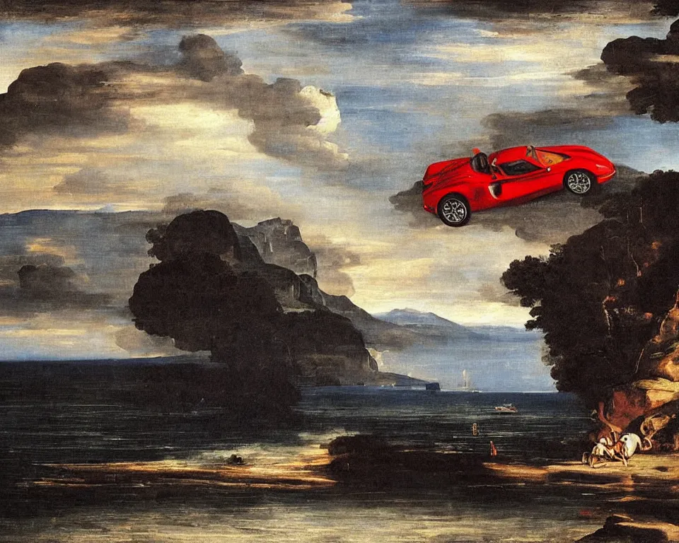 Image similar to a magnificent oil painting of a Ferrari driving along the amalfi coast, in a thunderstorm, by Raphael and Caravaggio.