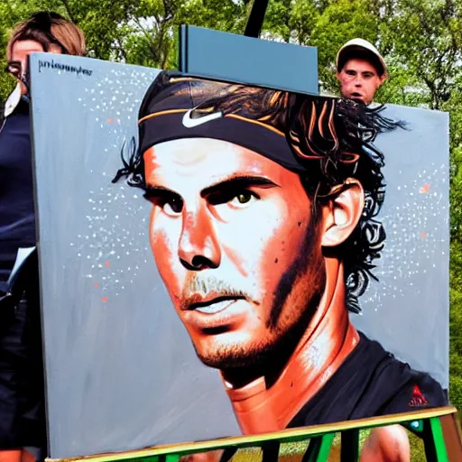 Image similar to a painting on a stand of tennis player nadal