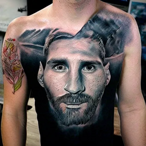 Image similar to realistic tattoo sketch of a lionel messi face double exposure mountain scenery, in the style of matteo pasqualin, amazing detail, sharp, faded