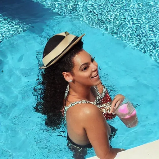 Image similar to Beyoncé being cute in a pool holding a margarita