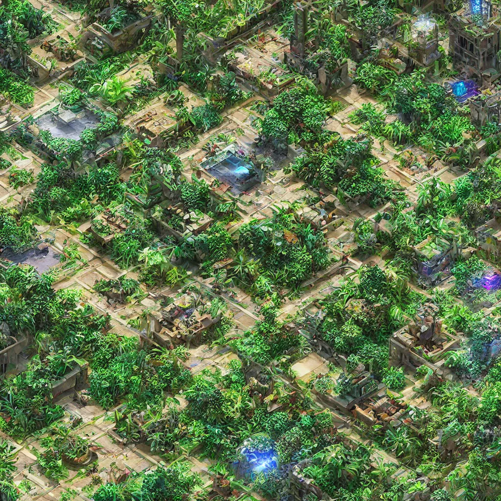 Prompt: Details of an isometric photorealistic render of a solarpunk jungle, babylonian gardens with a quantum computer in the middle of it, interacting with time crystals