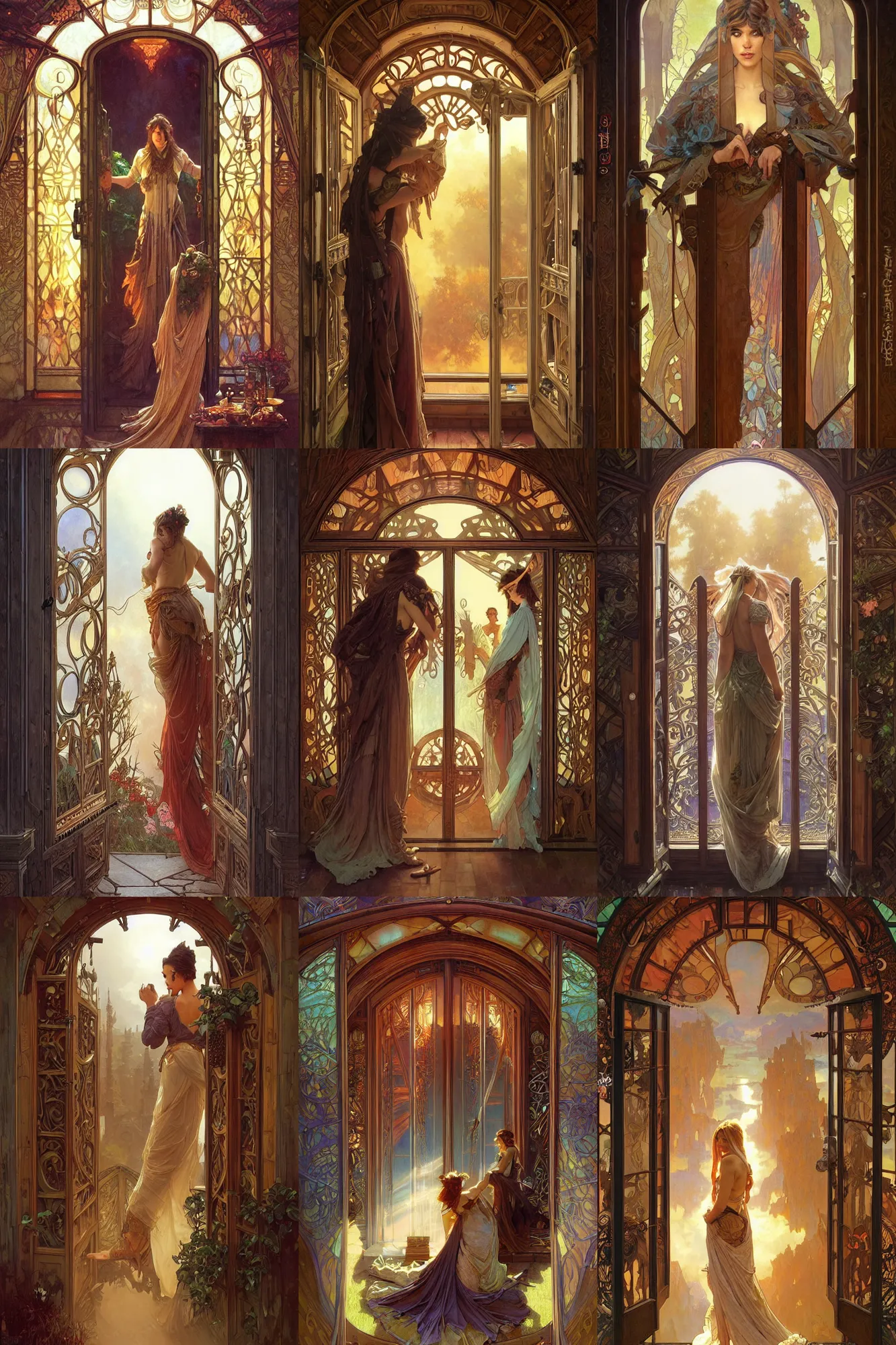 Prompt: large rustic intricately decorated wooden double door, metal handles, a view to a fantasy world, ethereal back light, mist, coherent composition, fantasy painting by artgerm greg rutkowski alphonse mucha greg hildebrandt tim hildebrandt