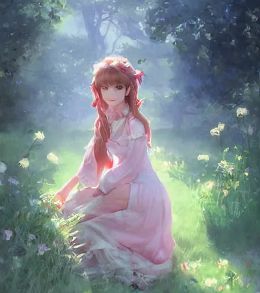 Image similar to aerith gainsborough in a cottagecore dress, portrait, illustration, rim light, top light, perfectly shaded, spring time, slight overcast lighting, soft painting, art by krenz cushart and wenjun lin