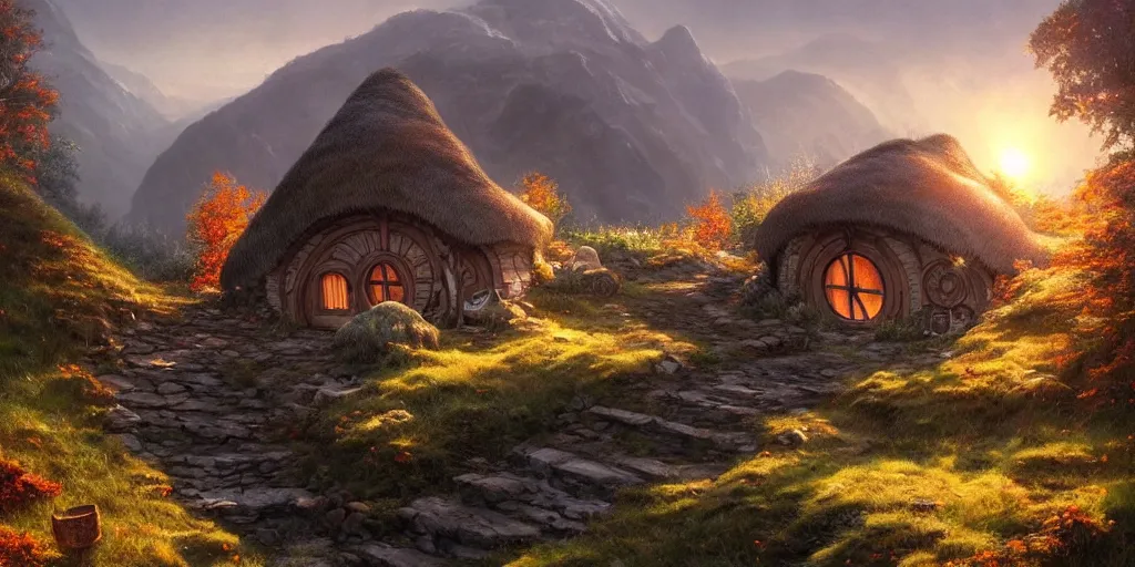 Image similar to a hobbit cottage on top of a steep hill, greg rutkowski, zabrocki, moebius, karlkka, jayison devadas, highly detailed, autumn sunlights, smoky atmosphere, ( ray of sunlight ), trending on artstation, 8 k, ultra wide angle, zenith view, pincushion lens effect