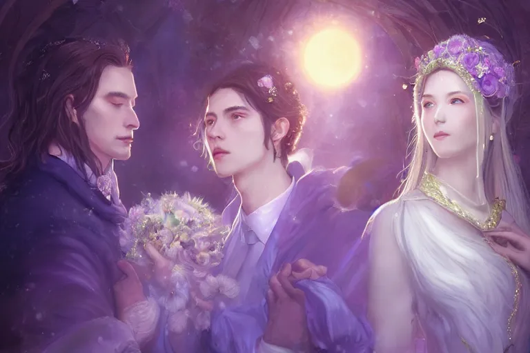 Image similar to a dreamlike cinematic portrait of wedding photograph close up moment of a divine a russia sun god and moon goddess lovers magician at a wedding banquet. portraiture. digital painting. artstation. concept art. fantasy wedding photo. digital painting, 8 k realistic, hyper detailed, violet evergarden art masterpiece by art by krenz cushart