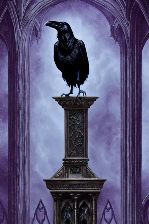 Image similar to realistic raven perched on a statue of a beautiful woman in a dark gothic room, gothic light, cinematic light, by wayne barlowe, peter mohrbacher, kelly mckernan, james o barr, 8 k, dark fantasy