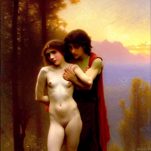Prompt: twilight version of stranger things, portrait of edward and bella by gaston bussiere in the style of william - adolphe bouguereau, art nouveau