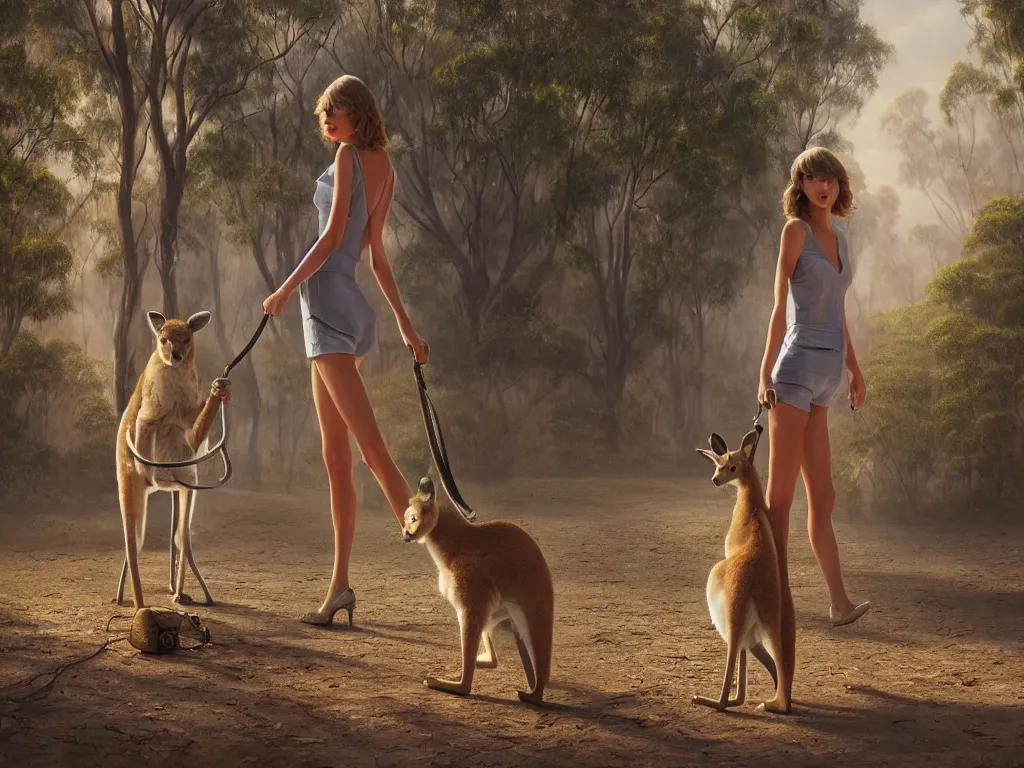 Prompt: taylor swift walking a kangaroo in the style of michael cheval, 4 k, hyper detailed, trending on artstation, photorealistic, volumetric lighting, octane render,