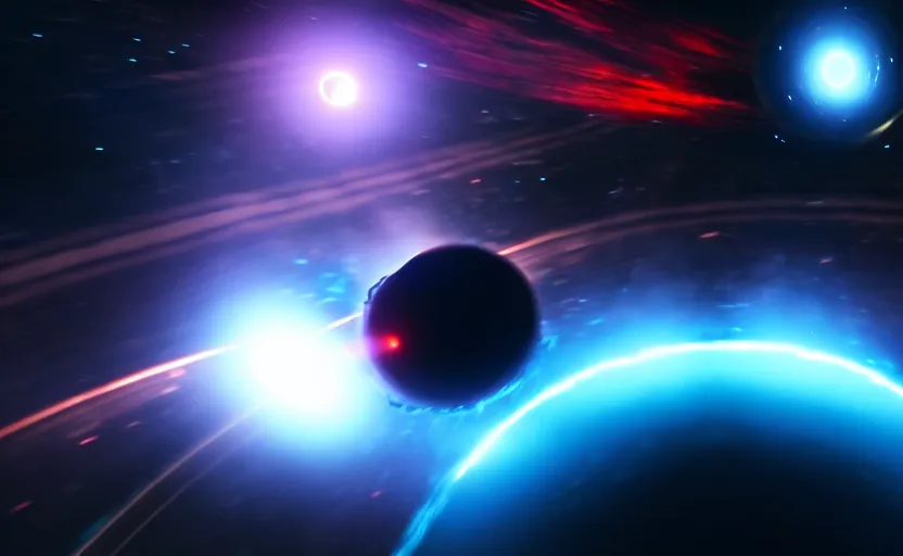 Image similar to black hole going rouge in a spaceship battle, cinematic shot, dramatic volumetric lighting, epic composition, 4 k ultra hd
