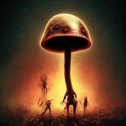 Prompt: Infected mushroom, zombified mushroom with facial features, style of Infected mushroom cover art, monstrocity big mushroom pose, micro lens, infection, epic psycho, pose, enlightment, illumination, epic digital art, HD Quality, Artstation, UHD 4K image