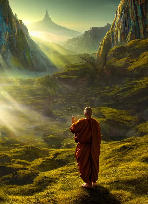 Image similar to a cosmic monk in lord of the rings scenery landscape, looking out at a gigantic temple made of alien architecture, lush valley, sunrise, god's rays, highly detailed, vivid color, cinematic lighting, perfect composition, 8 k, gustave dore, derek zabrocki, greg rutkowski, belsinski, octane render