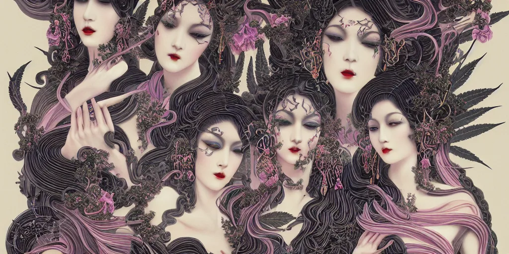 Prompt: breathtaking detailed concept art painting art deco pattern of goth goddesses amalgamation cannabis, by hsiao - ron cheng, bizarre compositions, exquisite detail, extremely moody lighting, 8 k