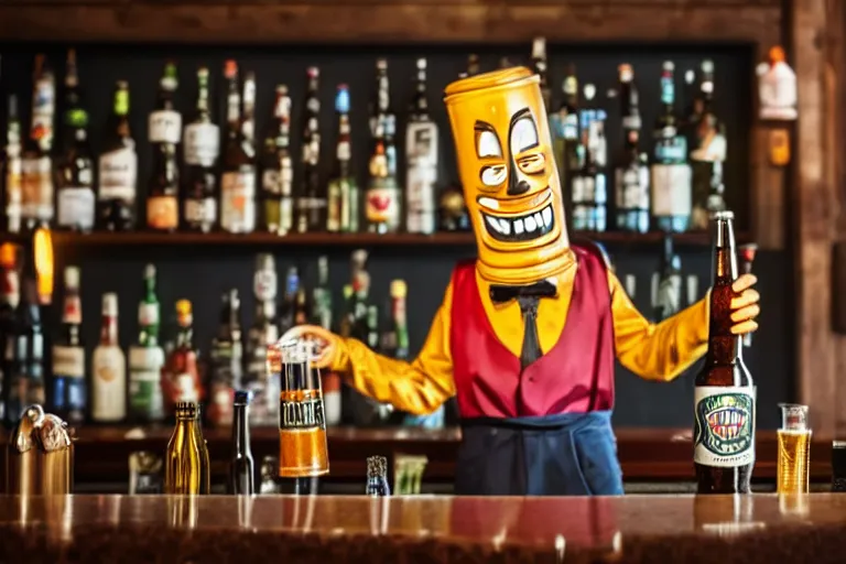 Image similar to a anthropomorphic bottle of beer stands in front of a bar yelling at the bar tender