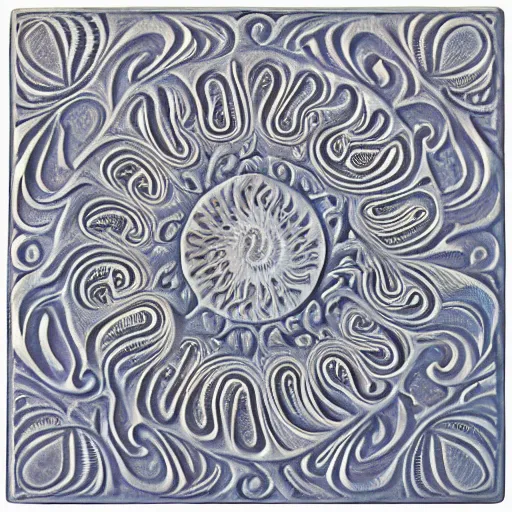 Prompt: paisley, fractals, swirls, ernst haeckel, carved soapstone relief paneling white and pale blue