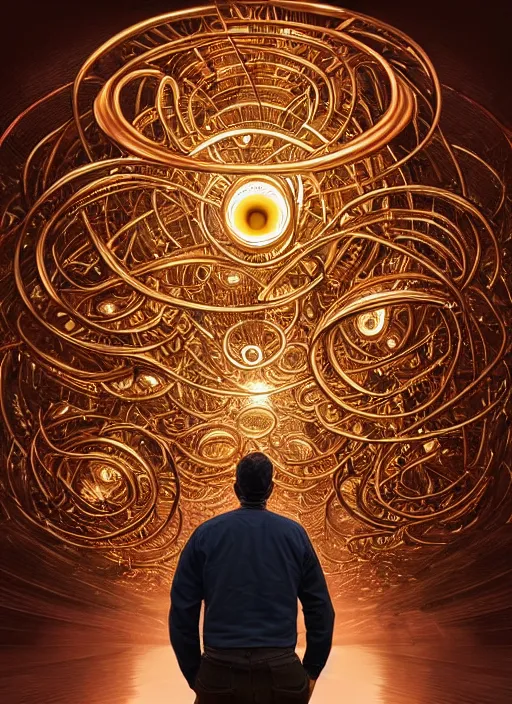 Prompt: man looking up at a gigantic group of interlocking rotating golden rings with many eyes floating around it in front of a huge copper and aluminum wall, megalophobia, detailed dynamic composition, dramatic lighting, trending on artstation, award winning art, stylized painting, by artgerm and greg rutowski dungeons and dragons