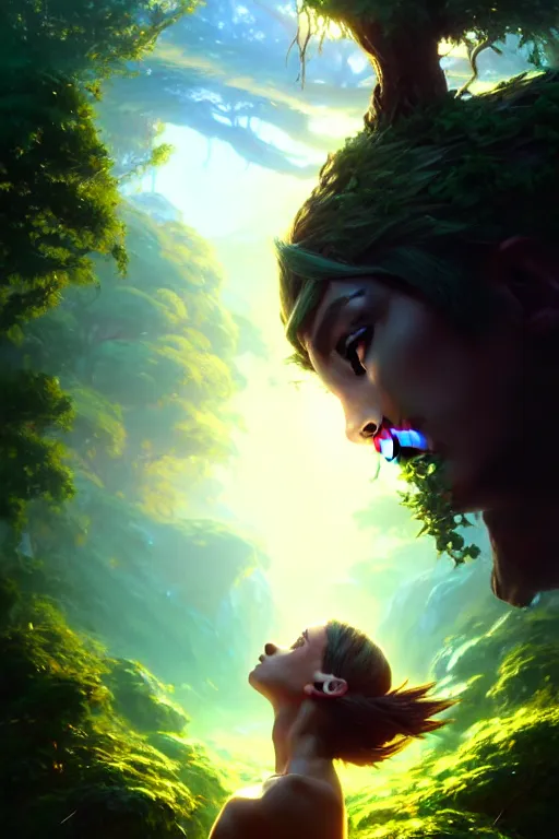 Prompt: cinematic shot of an epic portrait of link and the deku tree, shiny skin, beautiful eyes, beautiful, small details, night setting, realistic poster with volumetric light from craig mallism, artgerm, jeremy lipkin and michael garmash, unreal engine, radiant light, detailed and complex environment, digital art, trends at art station, a masterpiece