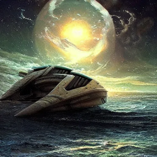 Prompt: A giant spaceship wrecked on the shores of an alien ocean