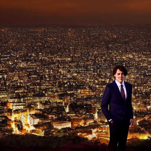 Prompt: a still of Justin Trudeau. He's wearing a suit, dark. Studio lighting, shallow depth of field. Professional photography City at night in background, lights, colors,4K