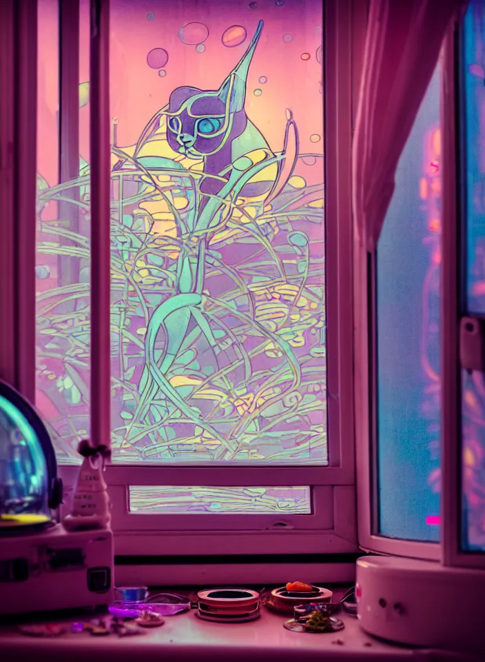 Image similar to telephoto 7 0 mm f / 2. 8 iso 2 0 0 photograph depicting the feeling of chrysalism in a cosy safe cluttered french sci - fi ( ( art nouveau ) ) cyberpunk apartment in a pastel dreamstate art cinema style. ( cat ) ( ( fish tank ) ), ambient light.