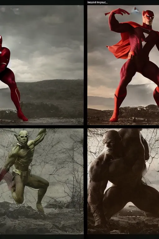 Prompt: VFX movie still frame portrait beautiful DC vs. Marvel hero natural skin, hero pose, war zone by Emmanuel Lubezki