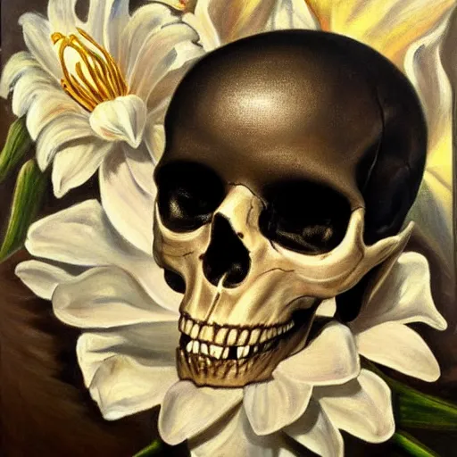 Image similar to a painting of a human skull with diamonds for eyes nestled on a bed of white lilies, dark shadowy background, in the style of a still life oil painting, gothic