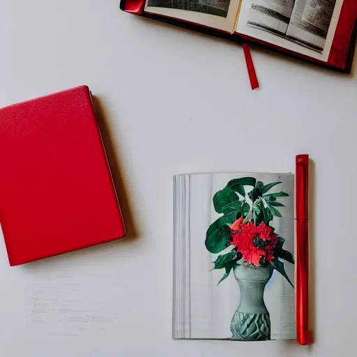 Prompt: A red book and a yellow vase.