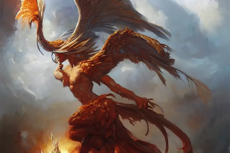 Prompt: A beautiful oil painting of a phoenix, by Lucas Graciano, Frank Frazetta, Greg Rutkowski, Boris Vallejo, epic fantasy character art, high fantasy, Exquisite detail, post-processing, low angle, masterpiece, cinematic