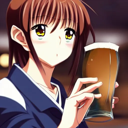 Prompt: Wholesome and masculine looking anime girl at a bar drinking a beer, warm glow from the lights, angle that looks up at her from below, deviantart, pixiv, detailed face, smug appearance, beautiful anime, detailed anime eyes with pupils, in the style of 90s anime, heavy focus on 90s and early 2000s style of anime, Sailor Moon style