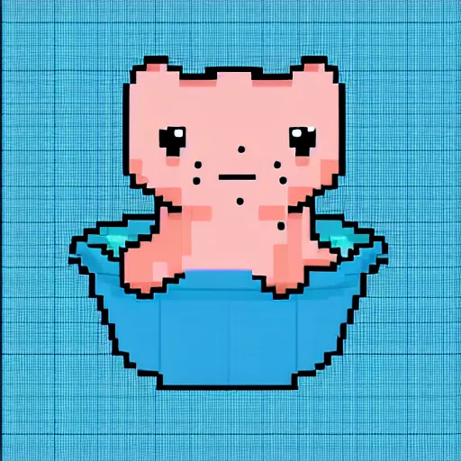 Prompt: cute round face pink axolotl in a bucket, pixel art, award winning, pixilated, pokemon style graphics, digital art, matte