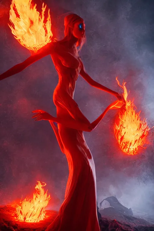 Prompt: dslr photograph of a eldritch volcanic fire goddess clothed in a flaming gown, volcanic embers, magma, diffused lighting, hyperrealism, fantasy character art by laura zalenga and alexander holllow fedosav, 8 k dop dof hdr