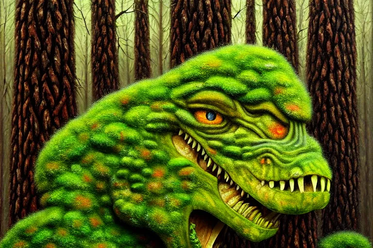 Image similar to highly detailed oil painting of a mossy tire sculpture of a tyrannosaurus in the forest, featured on pixiv