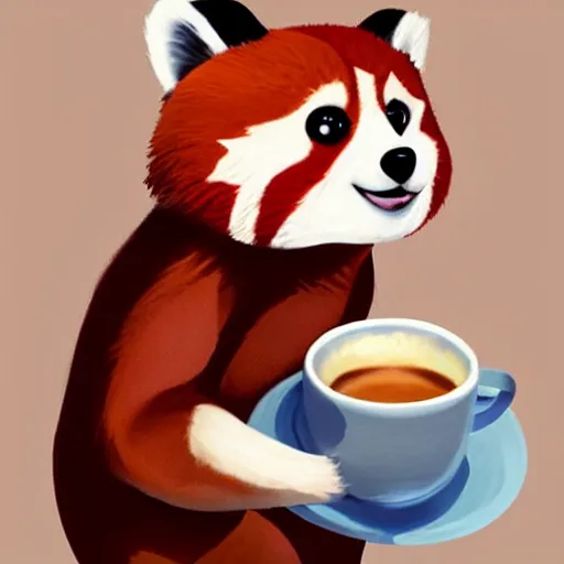 Image similar to anthropomorphic red panda drinking coffee in a cafe, character art, painting, trending on artstation