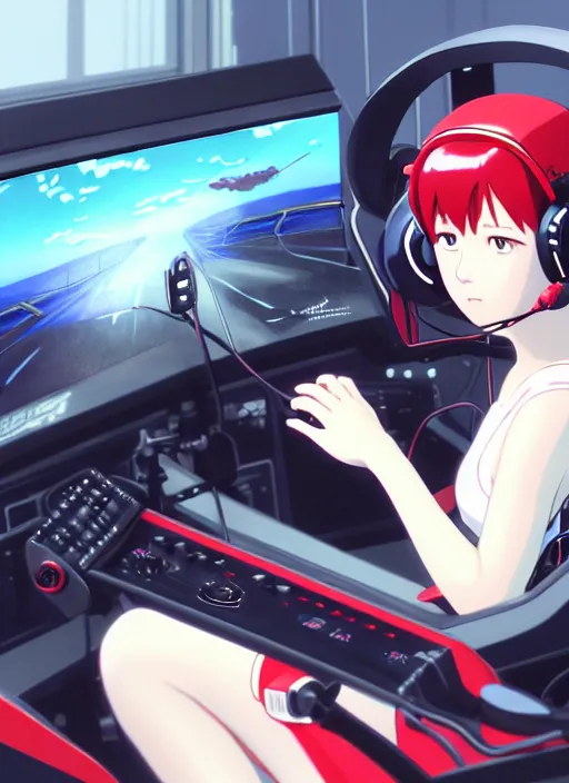 Prompt: portrait of girl driving on simracing simulator, personal room background, illustration concept art anime key visual trending pixiv fanbox by wlop and greg rutkowski and makoto shinkai and studio ghibli and kyoto animation, gtomega prime cockpit, symmetrical facial features, red headphones, fanatec csl dd, clubsport steering wheel formula