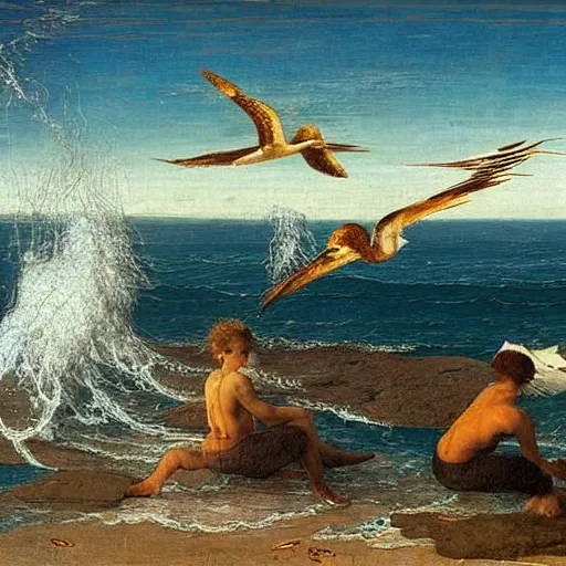 Image similar to A beautiful land art of a blue ocean with waves crashing against the shore. The sun is shining brightly and there are seagulls flying in the sky. golden by Ayami Kojima, by Philippe de Champaigne, by Richard Dadd chaotic