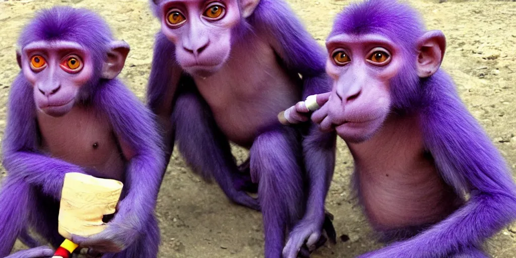 Prompt: purple monkeys with red eyes smoking. they are mean bad boys